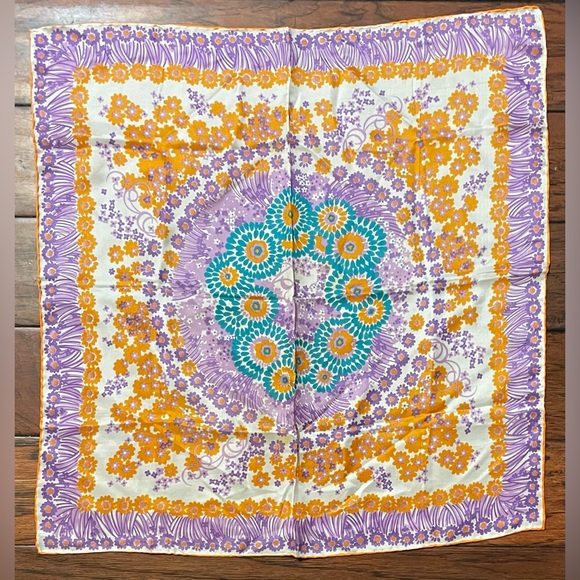 Vintage Sally Gee Purple Orange Floral Geometric Mod Square Scarf 22x22” MCM - Picture 3 of 3